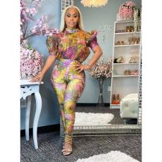 SC Plus Size Sexy Printed Puff Sleeve Jumpsuit WAF-77423