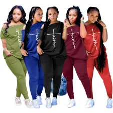 SC Plus Size Letter Short Sleeve Slash Neck 2 Piece Sets TK-6220
