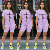 SC Letter Print T Shirt And Shorts Two Piece Sets TE-2031