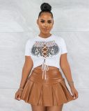 SC Sexy Printed T Shirt+PU Leather Pleated Mini Skirt 2 Piece Sets MEM-88417