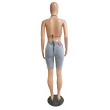SC Denim Bra Top+Bandage Jeans Shorts 2 Piece Sets GCNF-0093