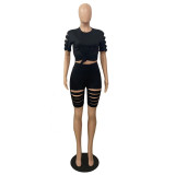 SC Solid Hole T Shirt And Shorts Two Piece Sets GCNF-0126