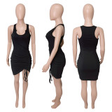SC Plus Size Solid Drawstring Sleeveless Mini Dress HEJ-8030