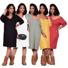 SC Solid V Neck Long Sleeve Casual Dress GCNF-0083