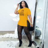 SC Plus Size Letter Print T-Shirt And Sheer Mesh Pants Suit (Without Panties) BDF-8120