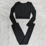 SC Solid Long Sleeve Crop Top And Pants Slim 2 Piece Sets YNB-7243