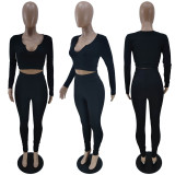 SC Solid Long Sleeve Crop Top And Pants Slim 2 Piece Sets YNB-7243