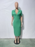 SC Casual Solid Color Lapel Short Sleeve Slit Dress JH-291