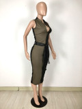 SC Sexy Patchwork Sleeveless Zipper Midi Dress (With Belt)YNSF-1695