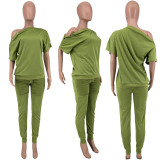 SC Plus Size Solid Color Breasted Top And Pants Two Piece Sets CYAO-81009
