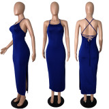 SC Blue Sexy Backless Cross Strap Split Maxi Dress GCNF-0021