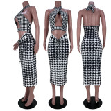 SC Houndstooth Print Halter Hollow Out Midi Dress MDF-5289