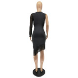 SC Black Sexy Tassel Single Sleeve Bodycon Dress WSM-5299