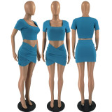 SC Solid Short Sleeve Crop Top Mini Skirt 2 Piece Sets FOSF-8200