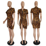 SC Fashion Sexy Double Zipper Short Sleeve Leopard Print Dress GDYF-6990