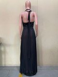 SC Chiffon Black Halter Backless Pleated Maxi Dress OLYF-96091