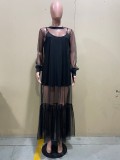 SC Black Sling Mini Dress+Mesh Long Sleeve Maxi Dress 2 Piece Sets OLYF-96090