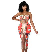 SC Sexy Print Smocked Lace-up Tube Top Skirt Suits GDYF-6670