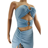 SC Sexy Strapless Hollow Out Drawstring Maxi Dress JZHF-8101