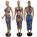 SC Sexy Print Halterneck Crop Top And Skirt Two Piece Sets GDYF-6666