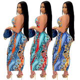 SC Sexy Print Halterneck Crop Top And Skirt Two Piece Sets GDYF-6666