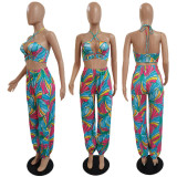 SC Print Sexy Halterneck Crop Top And Pants Two Piece Sets GDYF-6667