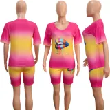 SC Lip Print Gradient V Neck T Shirt And Shorts 2 Piece Sets SH-390277