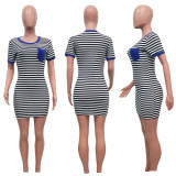 SC Plus Size Striped Short Sleeve Pocket Mini Dress SH-390276