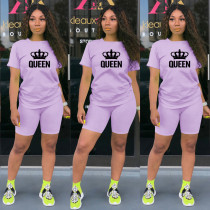 SC QUEEN Letter Print T Shirt And Shorts 2 Piece Sets TE-2034