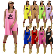 SC Queen Letter Print Split Tank Top And Shorts 2 Piece Sets TE-2035