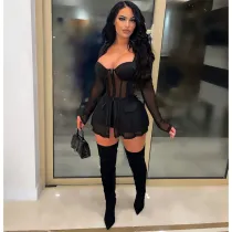 SC Sexy Mesh Patchwork Long Sleeve 2 Piece Shorts Set NM-8501