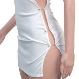 SC Letter Print Sleeveless Slim Mini Dress With Broochs SH-390270