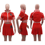 SC Plus Size Baseball Jacket+Pleated Mini Skirt 2 Piece Sets HM-6608