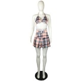 SC Plus Size Plaid Halter Bra Top+Pleated Mini Skirt 2 Piece Sets QYF-5102
