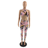 SC Sexy Print Halter Cropped Top And Pants Two Piece Set XHAF-10015