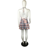 SC Plus Size Plaid Halter Bra Top+Pleated Mini Skirt 2 Piece Sets QYF-5102