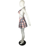 SC Plus Size Plaid Halter Bra Top+Pleated Mini Skirt 2 Piece Sets QYF-5102