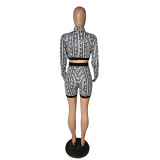 SC Sexy Printed Long Sleeve Crop Top And Shorts 2 Piece Sets LUO-3212