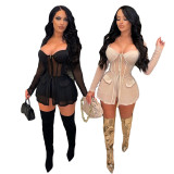 SC Sexy Mesh Patchwork Long Sleeve 2 Piece Shorts Set GDYF-6932