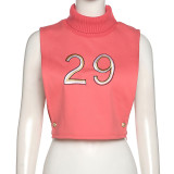 SC Turtleneck Embroidery Sleeveless Hollow Out Tank Top MYF-Y1778