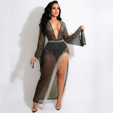 SC Fashion Sexy Nightclub Hot Diamond Deep V Slit Tassel Long Dress(With Panties) BY-5597