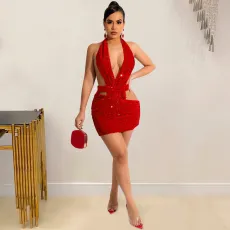 SC Fashion Solid Color Halter Sequin Club Dress BY-5609