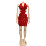SC Fashion Solid Color Halter Sequin Club Dress BY-5609