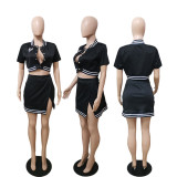 SC Pink Letter Print Baseball Jacket+Split Mini Skirt 2 Piece Sets AWF-5908