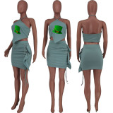 SC Sexy Printed Halter Top Ruffled Mini Skirt 2 Piece Sets ZDF-31191