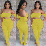 SC Solid Ruched Off Shoulder Two Piece Pants Set YS-S805