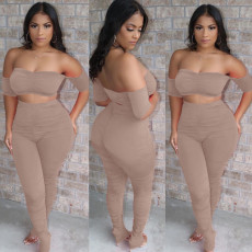 SC Solid Ruched Off Shoulder Two Piece Pants Set YS-S805