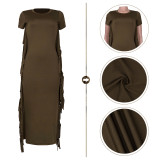 SC Solid Tassel Short Sleeve O Neck Maxi Dress (Without Belt) MA-Y475