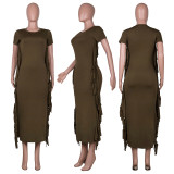 SC Solid Tassel Short Sleeve O Neck Maxi Dress (Without Belt) MA-Y475