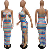 SC Sexy Striped Bow-Tie High Split Maxi Dress BGN-235